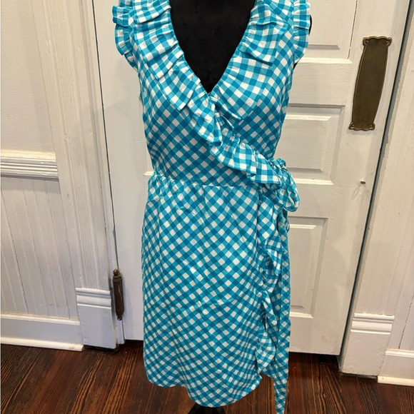 Kate Spade Blue Gingham Ruffle Tie Waist Lined Silk Designer Slimming Dress Sz 4 - Picture 3 of 11